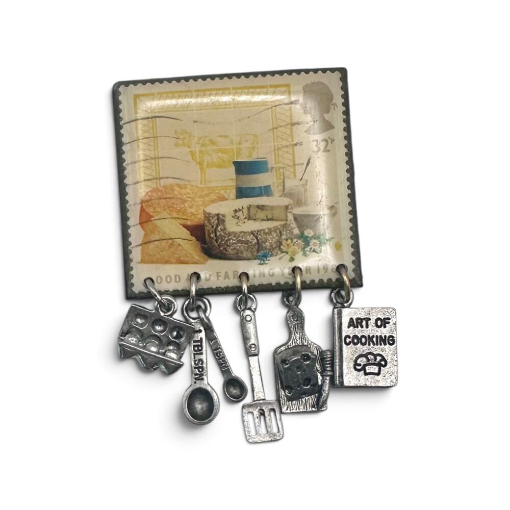 Vintage Art Of Cooking Kitchen Utensil Dangle Charm Postage Stamp Brooch Pin